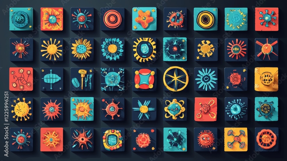 A creative flat set of cartoon-like virus and germ icons with unique designs and vibrant color schemes for a fun educational style A creative flat set of cartoon-like virus and germ icons with unique designs and vibrant color schemes for a fun educational style