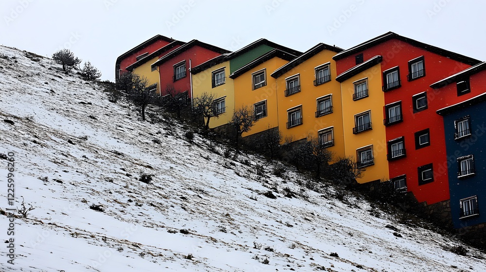 Naklejka premium Colorful Houses on Snowy Hillside Winter Scene