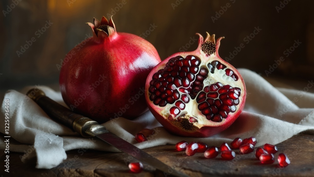 Vibrant pomegranate placed beside a knife on a cloth surface in a warm setting Vibrant pomegranate placed beside a knife on a cloth surface in a warm setting