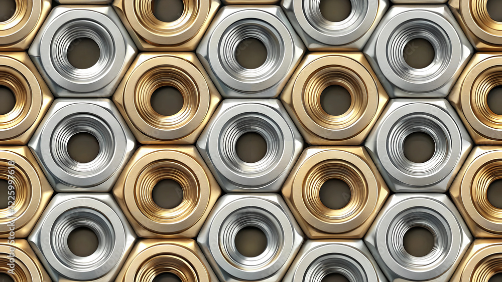 Overlapping industrial-style gold and silver nuts pattern, metallic tones Overlapping industrial-style gold and silver nuts pattern, metallic tones