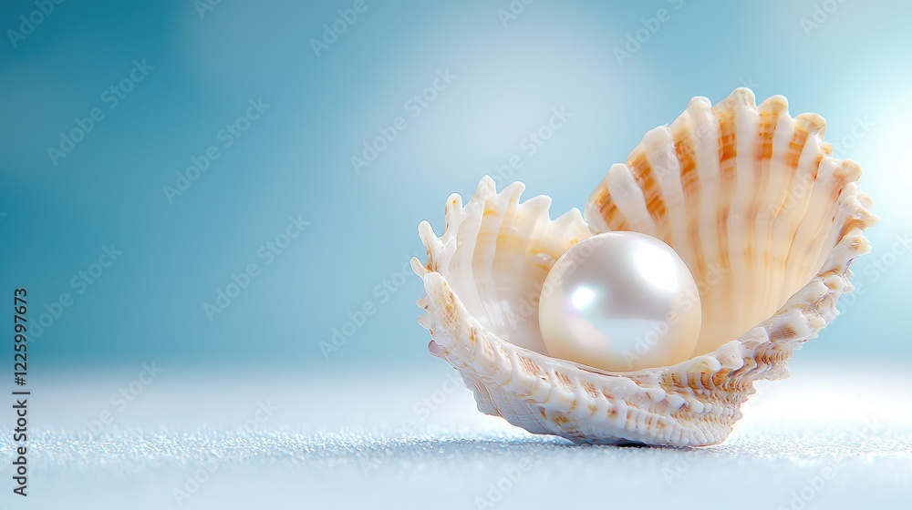 Pearl in Seashell on Blue Background, Serenity, Relaxation, Spa Pearl in Seashell on Blue Background, Serenity, Relaxation, Spa