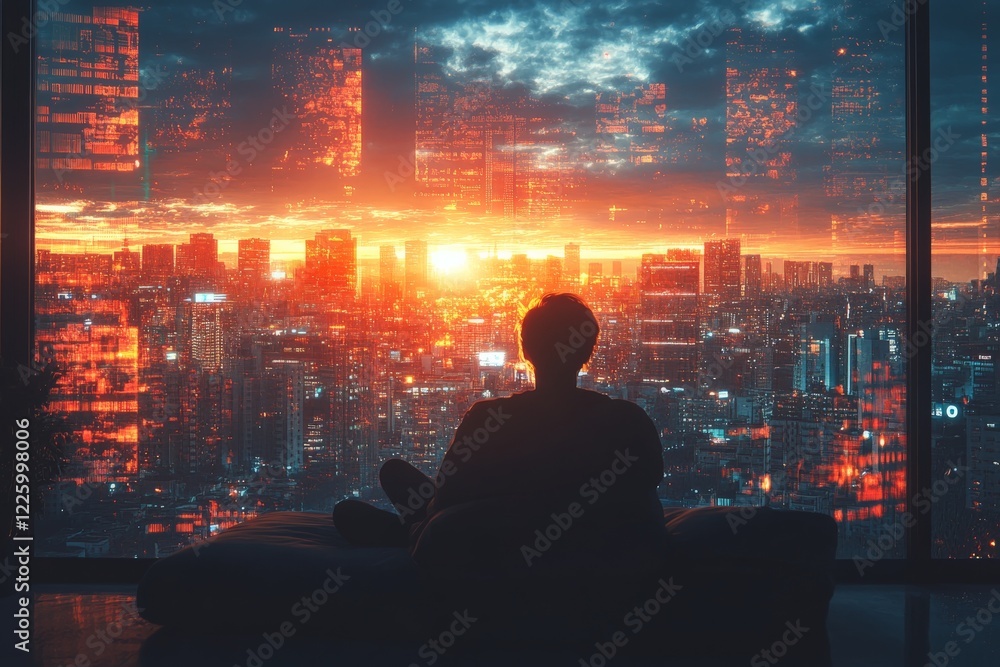 City sunset captures a person reflecting through a large window overlooking a vibrant urban skyline City sunset captures a person reflecting through a large window overlooking a vibrant urban skyline
