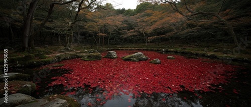 Autumn leaves cover a pond in a Japanese forest. Peaceful nature scene for travel brochures