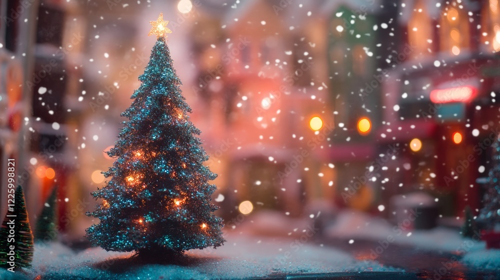 Obraz premium Glittering Christmas Tree with Snowfall in a Magical Winter Scene