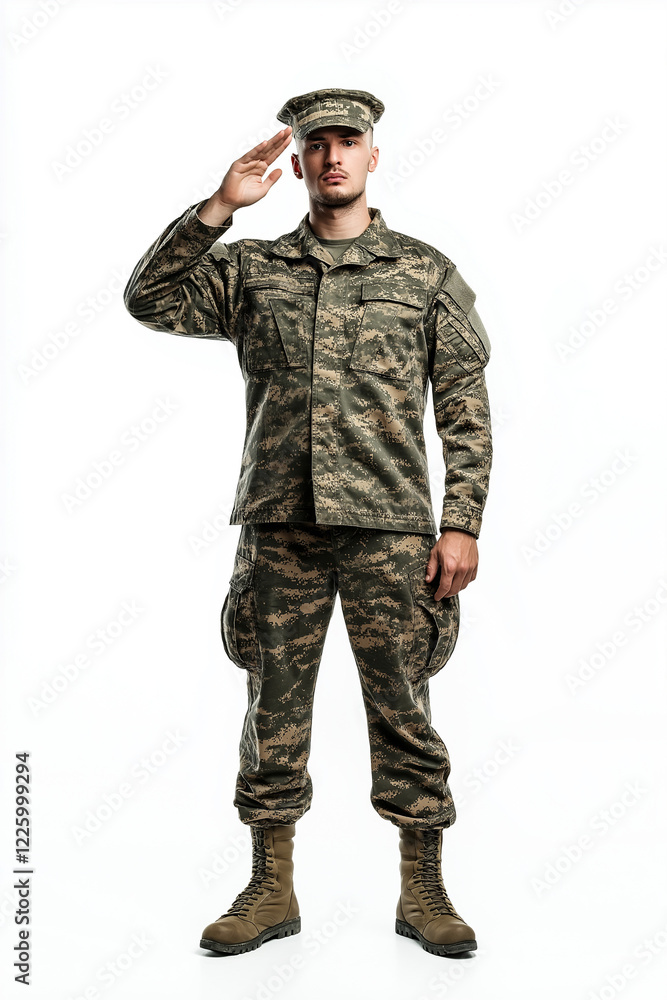 Soldier in full military uniform giving a salute, isolated on a white background with copy space on the right, soft studio lighting accentuating the uniform, Generative AI Soldier in full military uniform giving a salute, isolated on a white background with copy space on the right, soft studio lighting accentuating the uniform, Generative AI