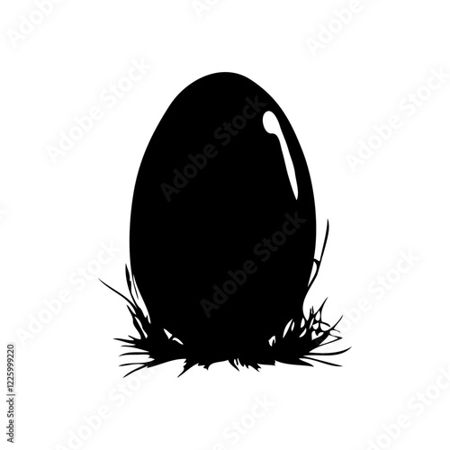 Black silhouette of a large egg resting in grass, simple graphic style, isolated on a white background, concept of nature