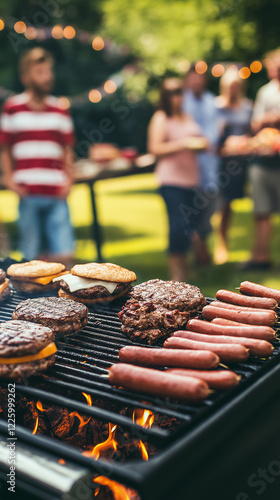 Group of friends grilling burgers and hot dogs at a backyard barbecue on Independence Day, with patriotic decorations and natural lighting, Generative AI