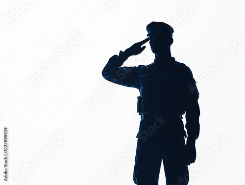 Silhouette of a soldier saluting, with negative space around the figure for branding, dramatic side lighting casting subtle shadows, against a white background, Generative AI