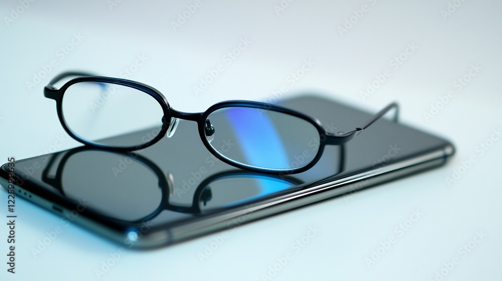 Close up of black framed glasses resting on a black smartphone screen on light background Close up of black framed glasses resting on a black smartphone screen on light background