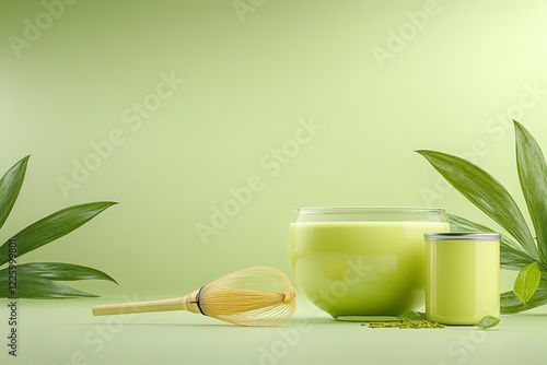 top-down view of traditional japanese tea ceremony setup with matcha bowl bamboo whisk and tea canister illuminated photo