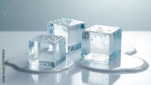 Fresh ice cubes melting on a white reflective surface with crushed ice on top	