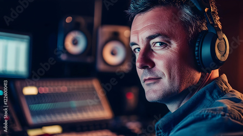 Portrait of a music producer wearing headphones and working with audio equipment in a recording studio photo