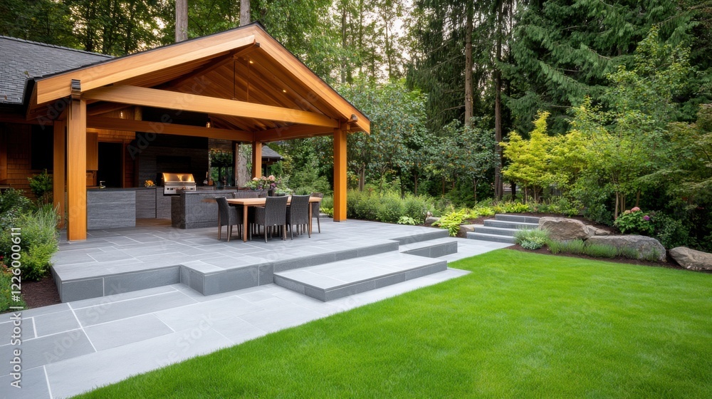 Modern Backyard Patio with Sleek Stone Flooring and Beautiful Green Lawn Surrounded by Lush Trees and Plants Modern Backyard Patio with Sleek Stone Flooring and Beautiful Green Lawn Surrounded by Lush Trees and Plants