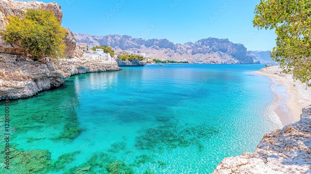 Fototapeta premium Secluded cove, turquoise water, mountain backdrop, sunny day, travel destination