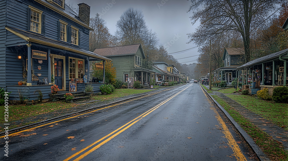 Rainy autumn day in a quaint village street with shops, showcasing fall foliage and misty atmosphere; perfect for travel brochures Rainy autumn day in a quaint village street with shops, showcasing fall foliage and misty atmosphere; perfect for travel brochures