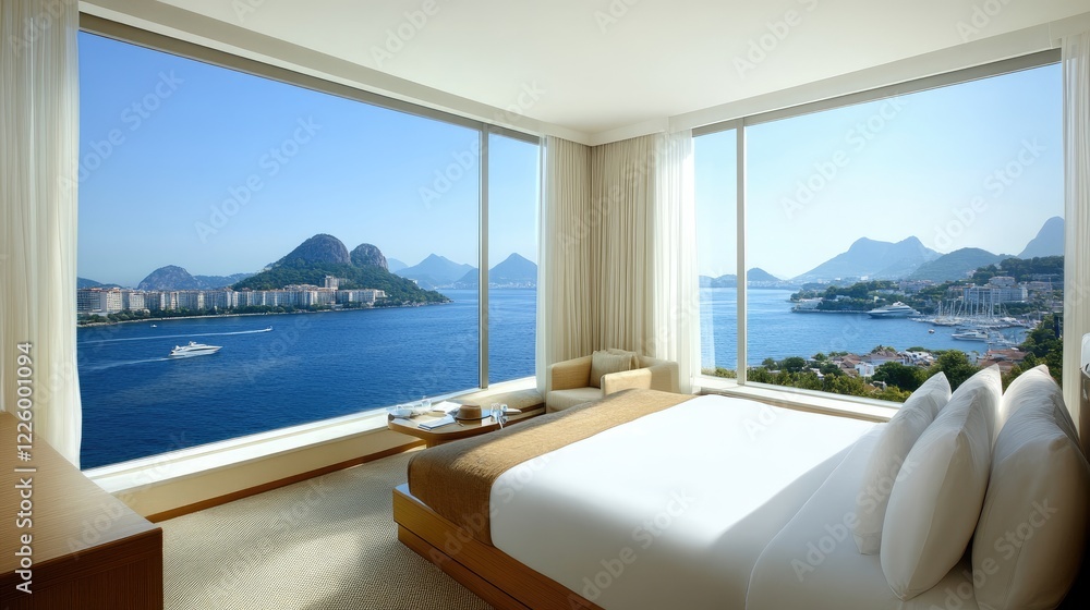 Elegant hotel room with floor-to-ceiling windows overlooking the sea. Elegant hotel room with floor-to-ceiling windows overlooking the sea.