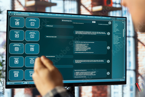 Man in home office uses large language model generative AI chatbot able to engage in humanlike interactions. Close up of artificial intelligence LLM on PC screen handling user requests photo