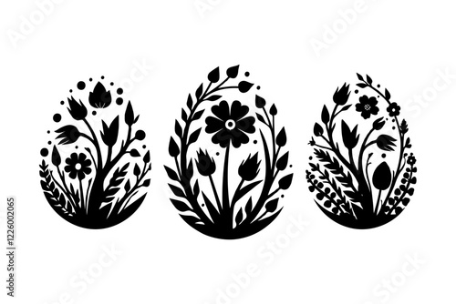 Black floral silhouettes in egg shapes featuring detailed botanical elements on a white background, evoking a nature-inspired theme