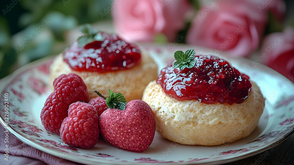 Raspberry jam scones, fresh raspberries, roses; romantic tea party Raspberry jam scones, fresh raspberries, roses; romantic tea party