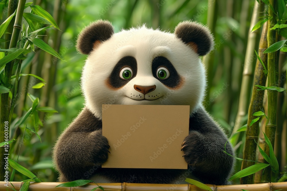 Obraz premium Playful panda holding a blank sign in a lush bamboo forest during daytime