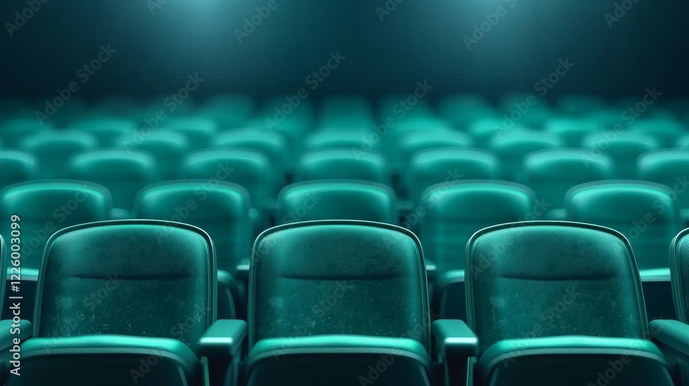 Obraz premium Close-up of a row of vintage green theater seats, worn texture and empty, evoking nostalgia and a timeless atmosphere