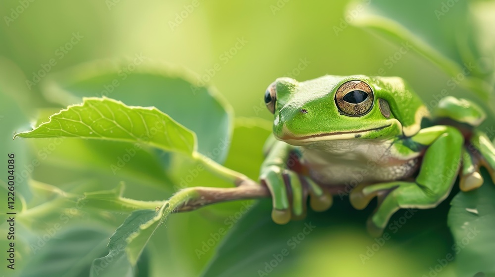 Naklejka premium A vibrant tree frog perched on a branch amid lush green leaves, showcasing natures beauty in a stunning closeup shot.