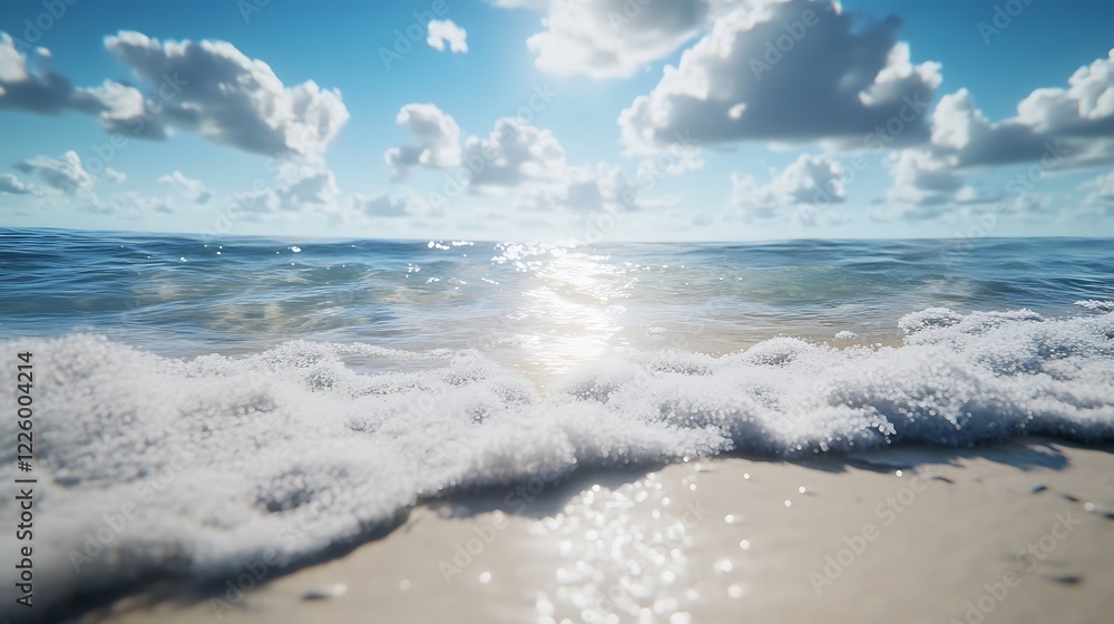 Fototapeta premium Golden beach with soft ocean waves and peaceful sunny sky