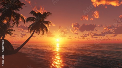 Serene sunset over calm ocean waters with silhouetted palm trees on a tranquil beach photo