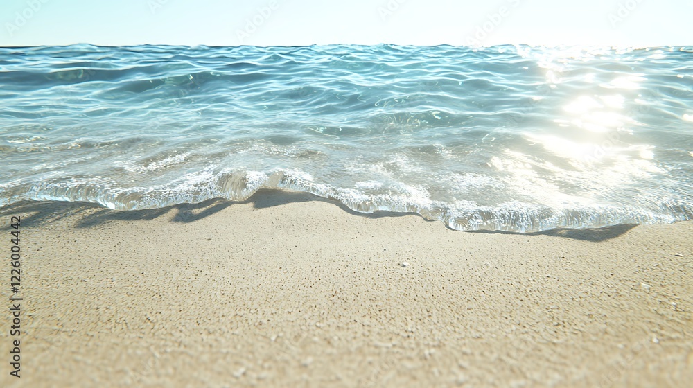 Golden beach with soft waves and bright sky stretching in the distance Golden beach with soft waves and bright sky stretching in the distance