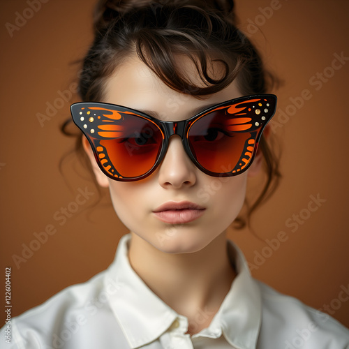 Cropped front shot of lady, wearing shirt on brown background. The girl with bun and wavy hair locks is in butterfly sunglasses with dark brown rim with flame pattern and toreutics and orange lenses. photo