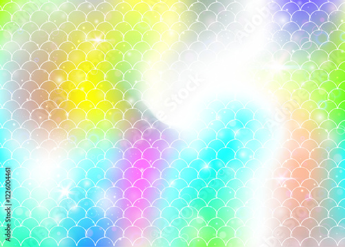 Rainbow scales background with kawaii mermaid princess pattern.