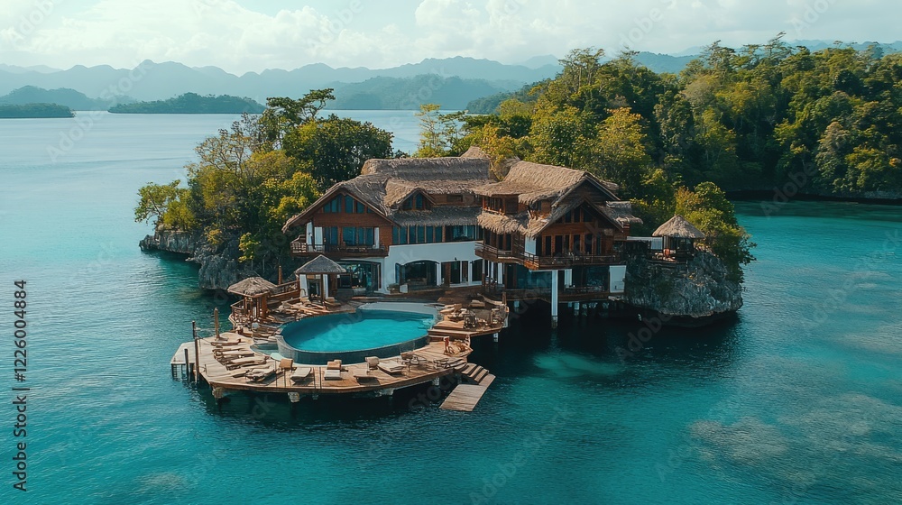 Fototapeta premium Scenic view of a tropical overwater villa surrounded by calm waters.