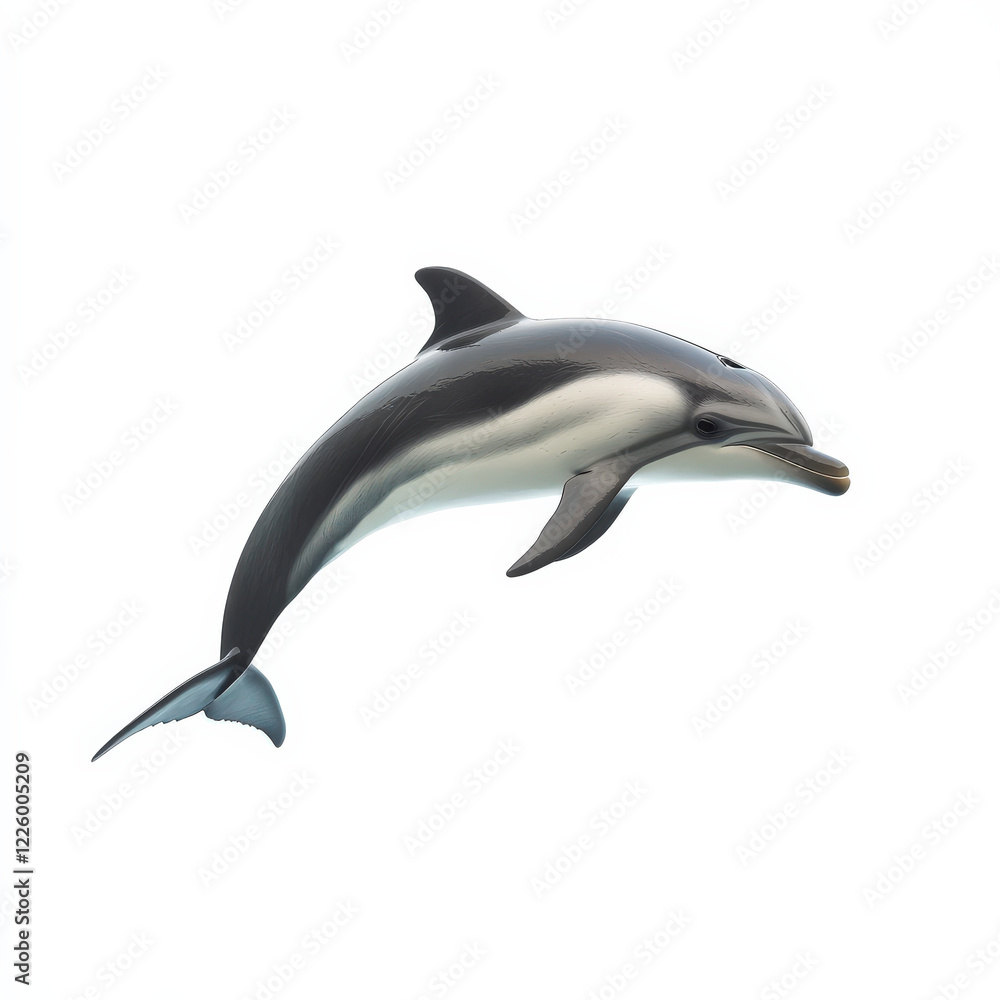 Fototapeta premium Dolphin leaping, sleek body, white background.