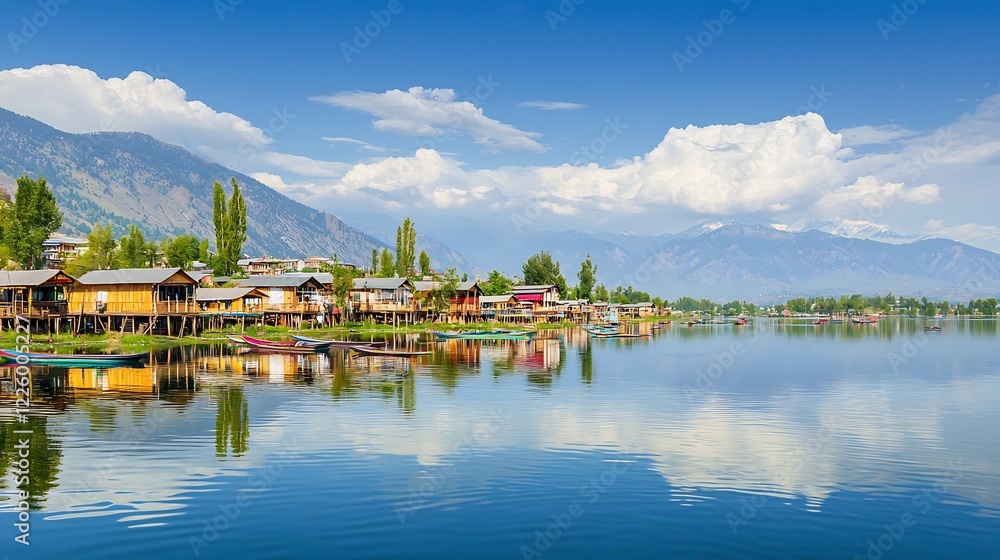 Fototapeta premium Scenic lakeside village with wooden houses on stilts reflected in calm water