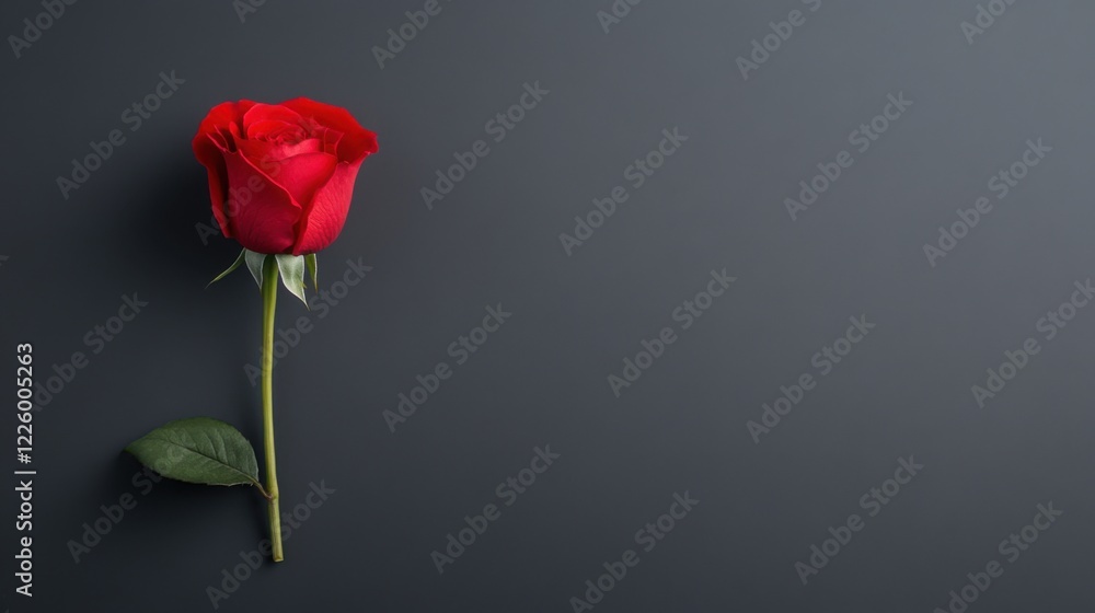 Obraz premium Single Red Rose on Dark Background with Green Leaf for Romantic and Floral Themes in Photography and Design
