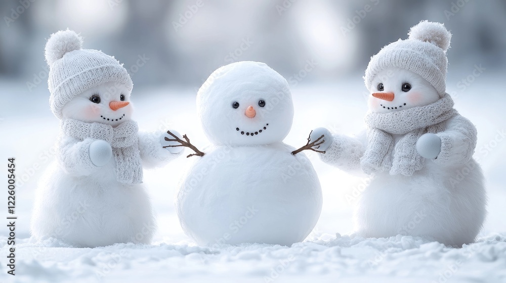 Two snowmen building a snowman in a snowy winter scene, perfect for holiday cards Two snowmen building a snowman in a snowy winter scene, perfect for holiday cards