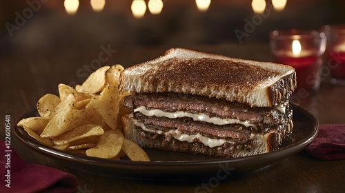 Delicious Triple Decker Steak Grilled Cheese Sandwich with Crispy Potato Chips photo