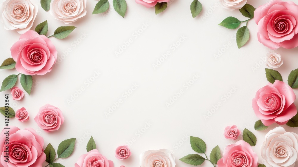 Beautiful Pink and White Roses on Soft White Background Creating an Elegant Floral Frame for Design Use Beautiful Pink and White Roses on Soft White Background Creating an Elegant Floral Frame for Design Use