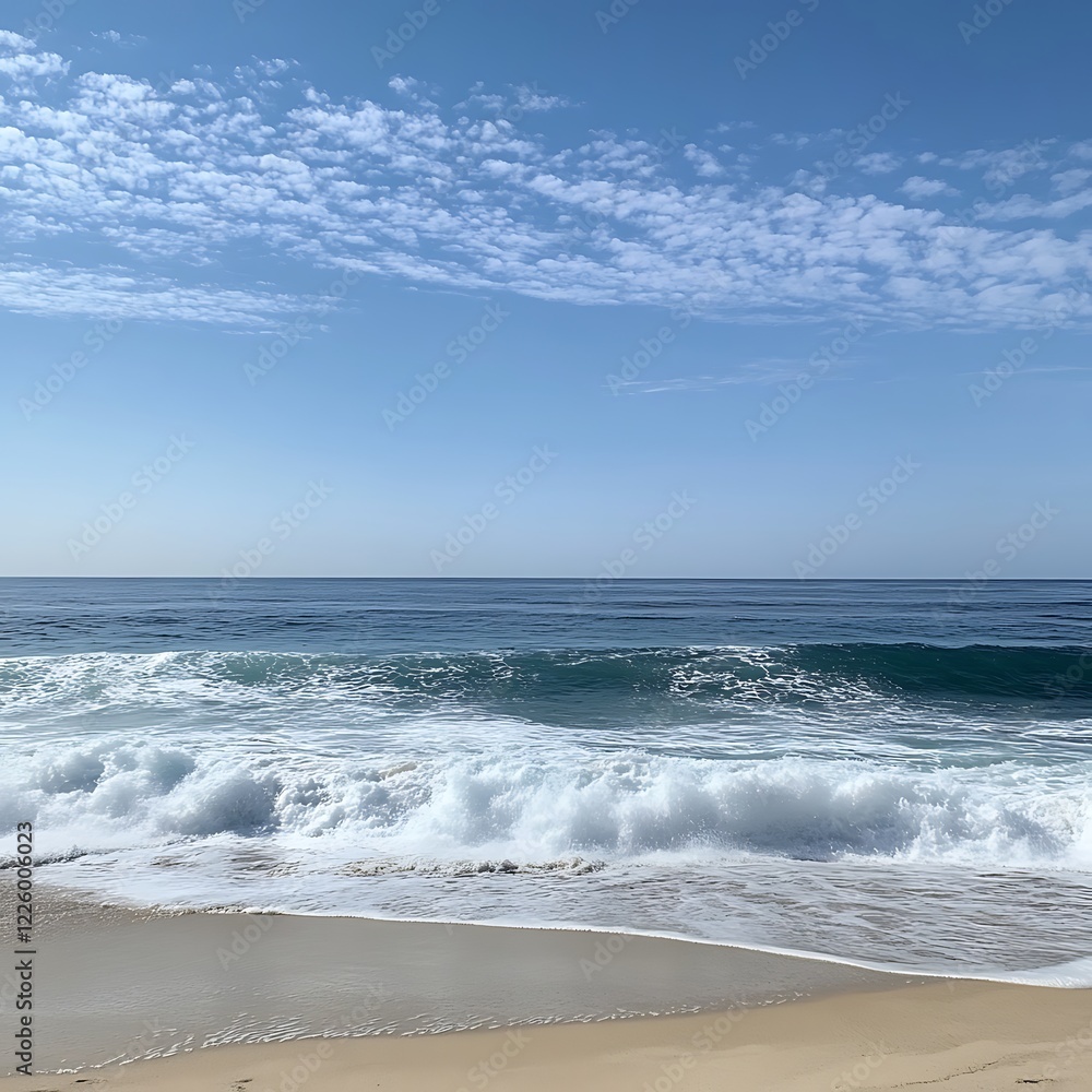 Peaceful golden beach with soft waves under clear bright blue skies Peaceful golden beach with soft waves under clear bright blue skies