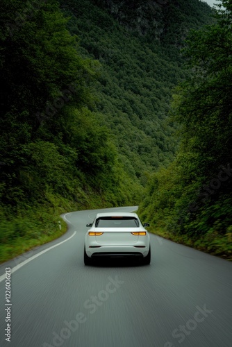 white electric suv cruising through mountain road surrounded by lush green trees with light streaks and motion blur