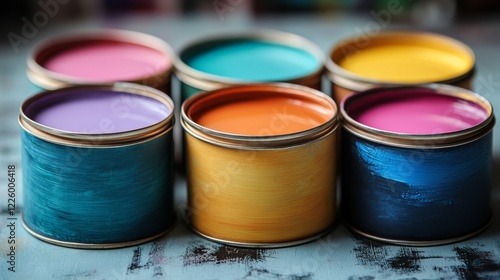 Array of Open Paint Cans and Leaning Lids Ready for Use in a Creative Project Setup