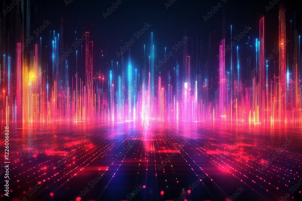 Colorful digital cityscape with glowing skyscraper-like structures at night in a futuristic setting Colorful digital cityscape with glowing skyscraper-like structures at night in a futuristic setting