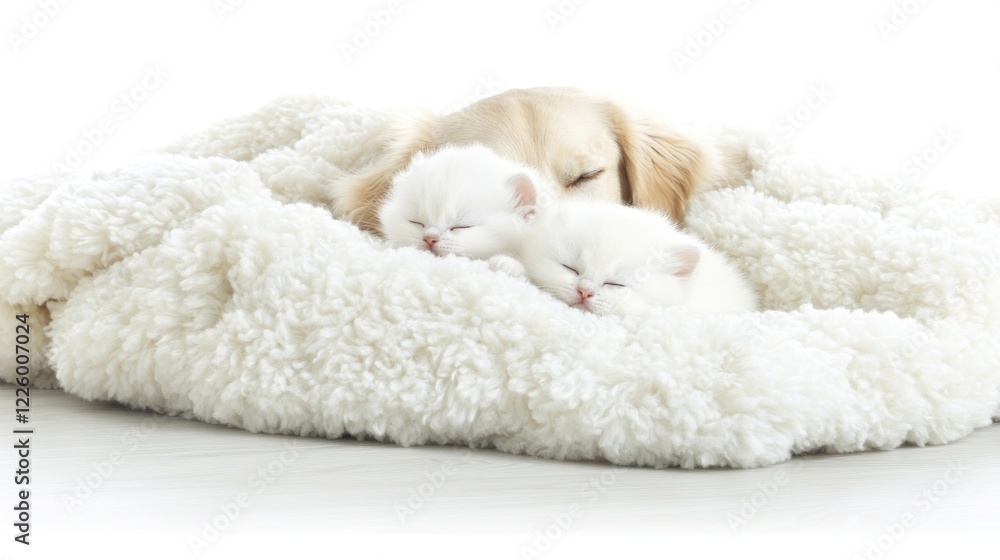 Golden Retriever and kittens nap under cozy blanket Golden Retriever and kittens nap under cozy blanket
