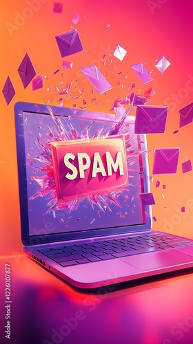 Creative explosion of vibrant envelopes bursting from a laptop screen with spam labels, showcasing digital chaos in vibrant colors