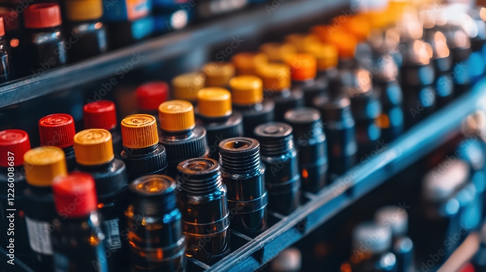 A close-up of engine oil bottles neatly arranged on a metal rack. A close-up of engine oil bottles neatly arranged on a metal rack.