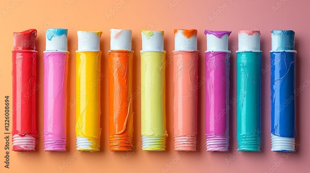 Naklejka premium Colorful Rainbow Paint Tubes Display in Harmonious Rows with Various Shades and Hues for Artistic Inspiration