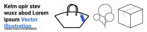 Handbag with a tag, three outlined balloons, and a cube shape. Ideal for shopping, design, events, minimalism, creativity geometry art. Flat landing page banner