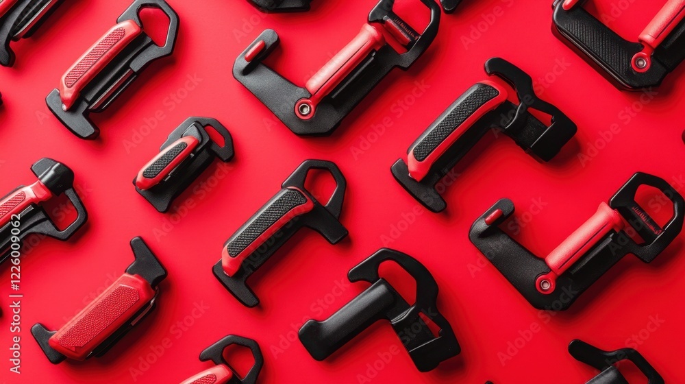 Obraz premium A collection of industrial clamps with rubber grips on a light red background.