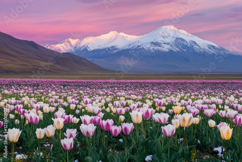 In Trevelin, Patagonia, Argentina, a tulip field is framed by the snow-capped Andes mountains and a clear blue sky photo