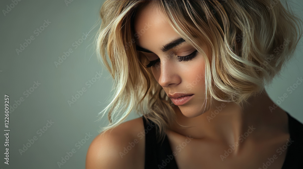 Fototapeta premium woman with caramel-colored hair styled in sleek waves, wearing a gold necklace and black dress woman, beauty, face, model, fashion, person, hair, people, brunette, one, smiling, lady, smile, studio, e